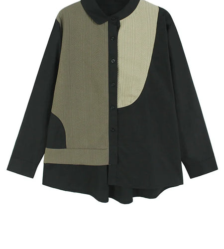 Women White Knitting Color-block Big Size Blouse New Lapel Long Sleeve Shirt Fashion Tide Spring Autumn 2025 1DJ0117