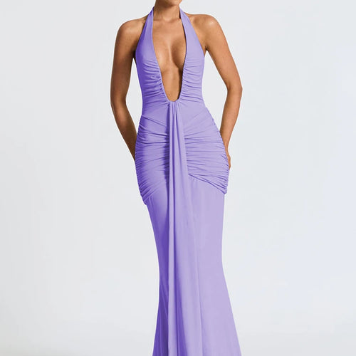 Load image into Gallery viewer, Deep V Neck Backless Ruched Sexy Maxi Dress Women Gown Summer Halter Sleeveless Draped Club Party Long Dress 2025
