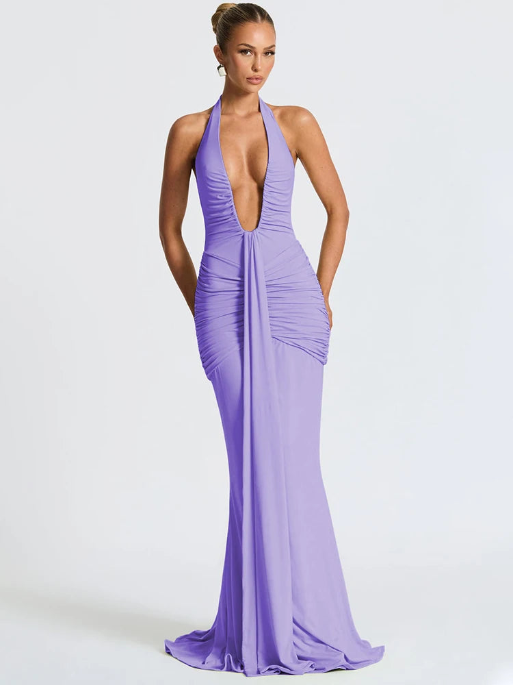 Deep V Neck Backless Ruched Sexy Maxi Dress Women Gown Summer Halter Sleeveless Draped Club Party Long Dress 2025
