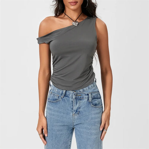Load image into Gallery viewer, y2k Crop Tops 2000s Clothing Women Solid Color Oblique Shoulder Sleeveless T Shirt Aesthetic Clothes Summer Streetwear

