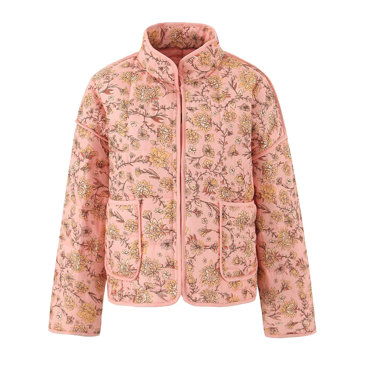 Fashion Women Autumn Short Quilted Coats Flower Print Long Sleeves Coats Chic Loose Single Breasted Jacket 2024