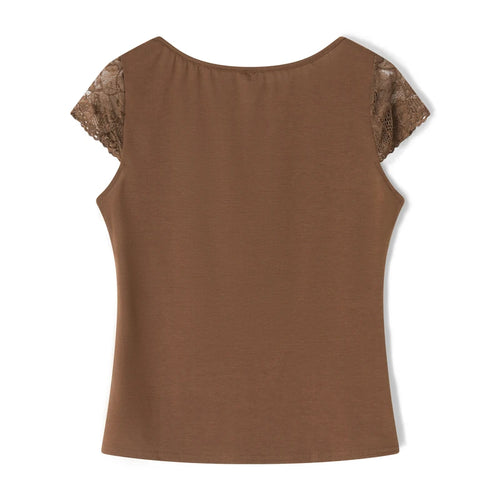 Load image into Gallery viewer, Brown Lace Crop Tops Vintage Aesthetic Women V Neck Short Sleeve T Shirt y2k Fairy Grunge Clothes 2000s Streetwear
