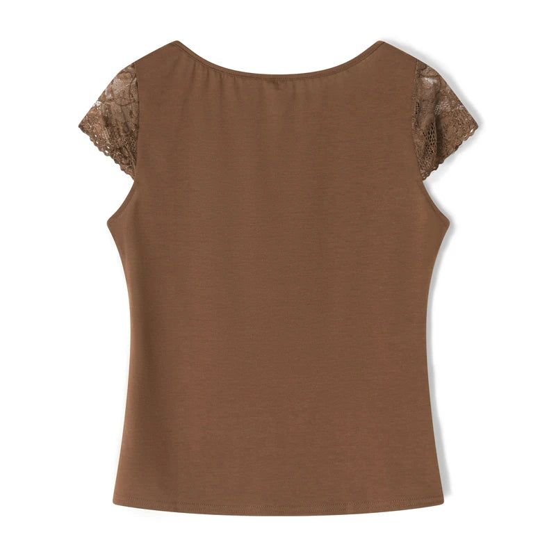 Brown Lace Crop Tops Vintage Aesthetic Women V Neck Short Sleeve T Shirt y2k Fairy Grunge Clothes 2000s Streetwear
