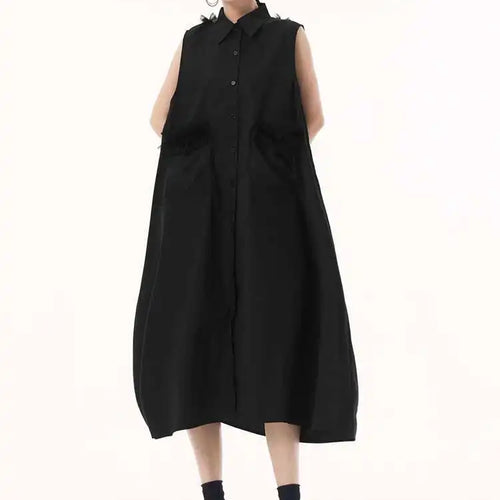 Load image into Gallery viewer, Women White Mesh Color-block Backless Big Size Shirt Dress New Lapel Sleeveless Fashion Tide Spring Summer 2025 1DH9518
