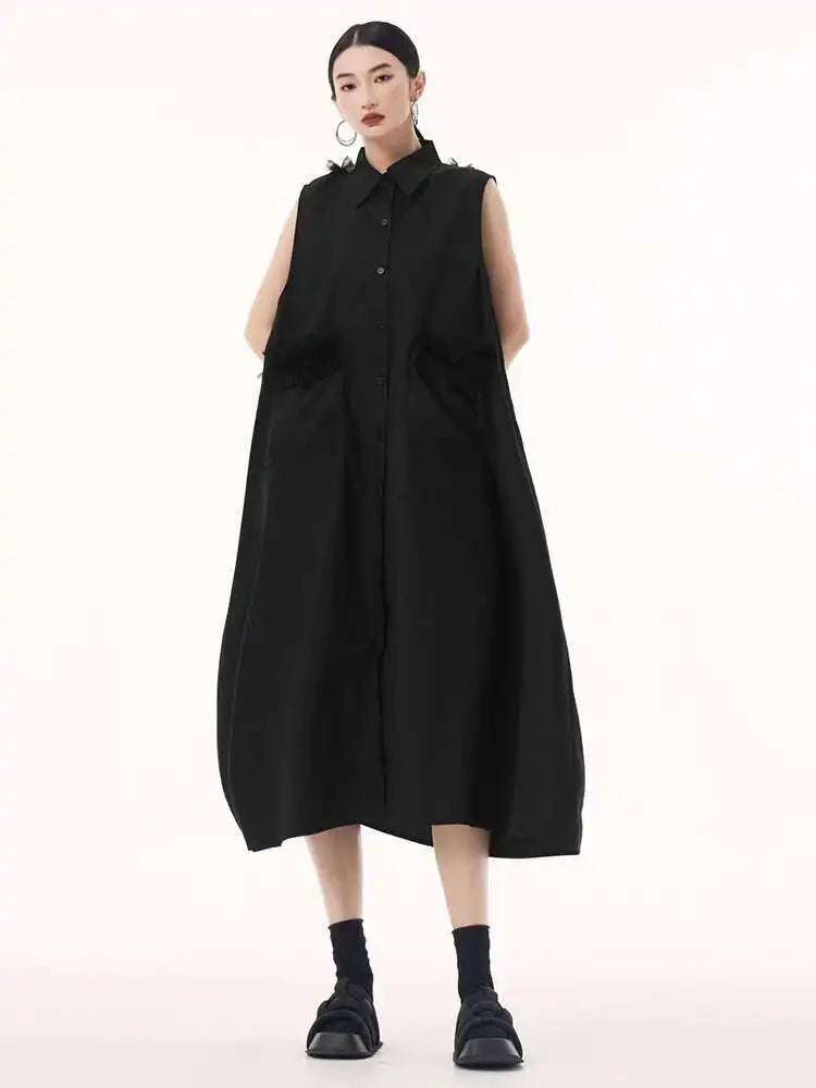 Women White Mesh Color-block Backless Big Size Shirt Dress New Lapel Sleeveless Fashion Tide Spring Summer 2025 1DH9518