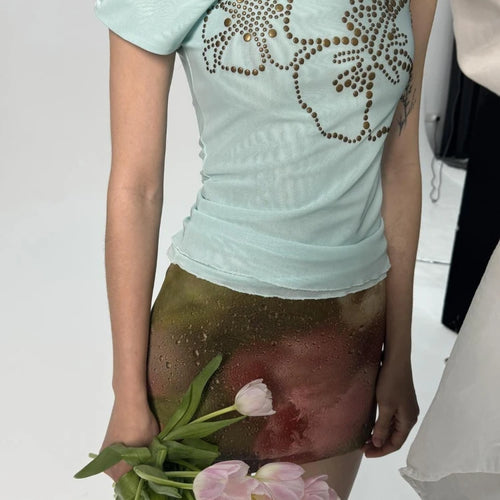 Load image into Gallery viewer, Summer Sexy Slash Neck Pleated Gauze Tshirts Women Y2k Aesthetic Rivet Flower Grunge Tops Harajuku Vintage Fairy Bodycon Tees
