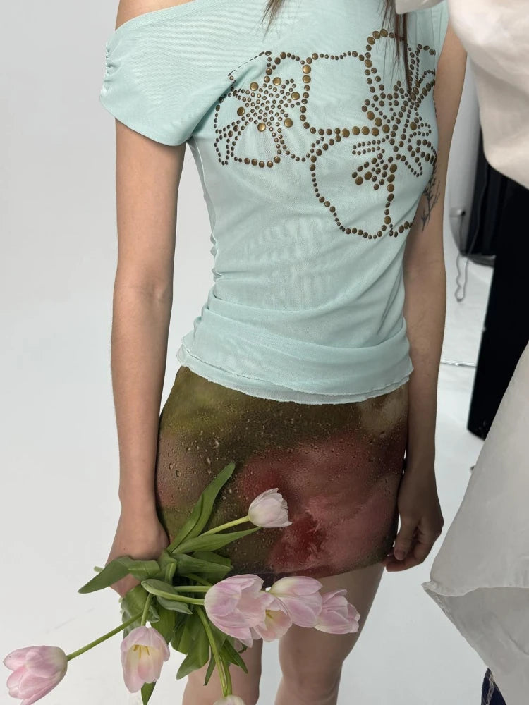 Summer Sexy Slash Neck Pleated Gauze Tshirts Women Y2k Aesthetic Rivet Flower Grunge Tops Harajuku Vintage Fairy Bodycon Tees