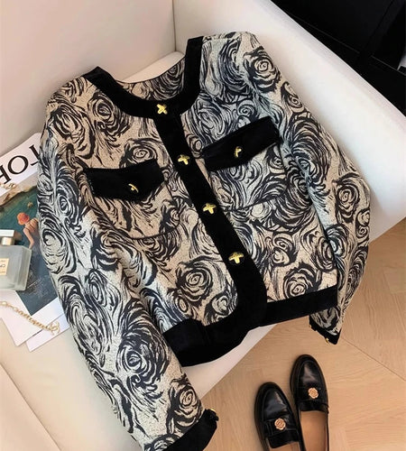 2024 Spring Autumn Women's Black Print Patchwork Long Sleeve Coat Top New Retro Round Neck Single Breasted Cardigan Short Jacket
