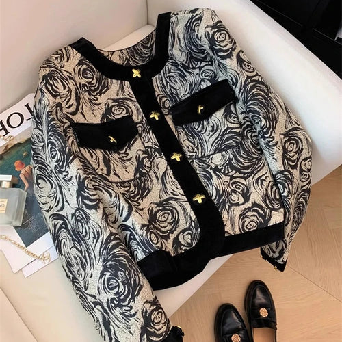 Load image into Gallery viewer, 2024 Spring Autumn Women&#39;s Black Print Patchwork Long Sleeve Coat Top New Retro Round Neck Single Breasted Cardigan Short Jacket
