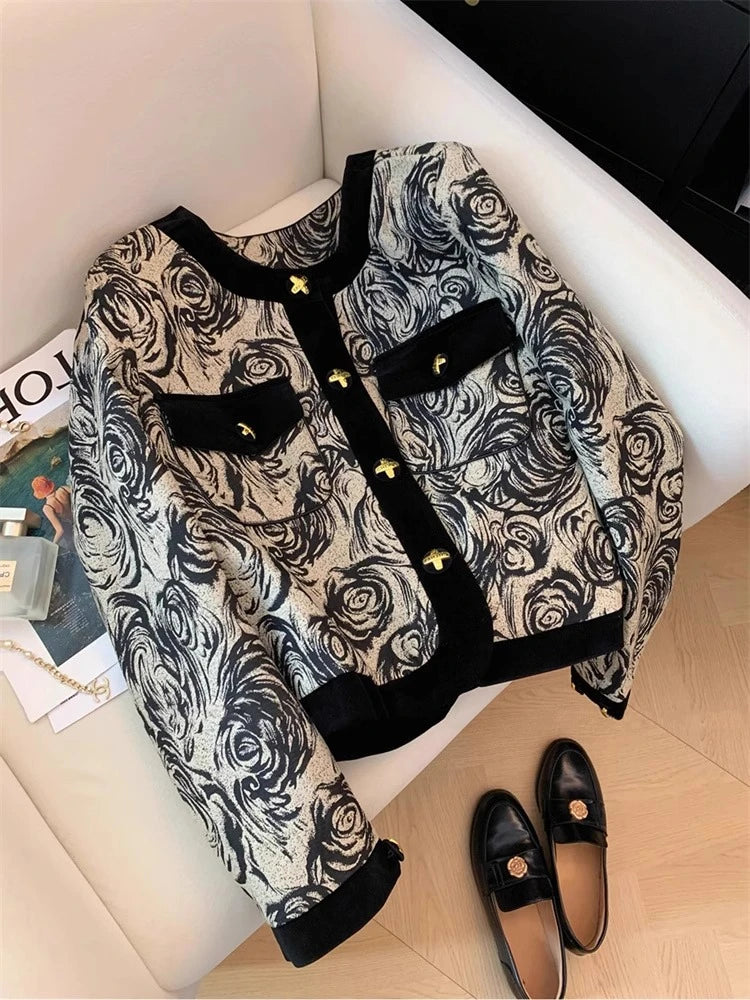 2024 Spring Autumn Women's Black Print Patchwork Long Sleeve Coat Top New Retro Round Neck Single Breasted Cardigan Short Jacket