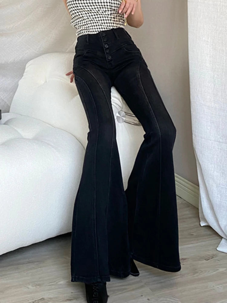 Vintage Casual Flare Jeans High Waist Full Length Patchwork Folds Slimming Temperament Pant Female Fashion Clothing