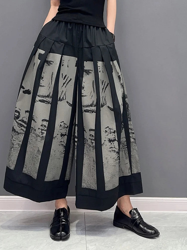 High Elastic Waist Black Printed Pleated Long Wide Leg Pants New Trousers Women Fashion Tide Spring Autumn 2025 1DF6290