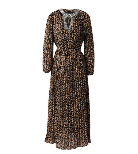 Women Brown Leopard Printed Rhinestones Long Dress New Round Neck Long Sleeve Fashion Tide Spring Autumn 2025 3WM2692