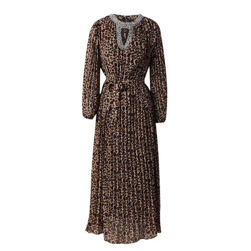 Load image into Gallery viewer, Women Brown Leopard Printed Rhinestones Long Dress New Round Neck Long Sleeve Fashion Tide Spring Autumn 2025 3WM2692
