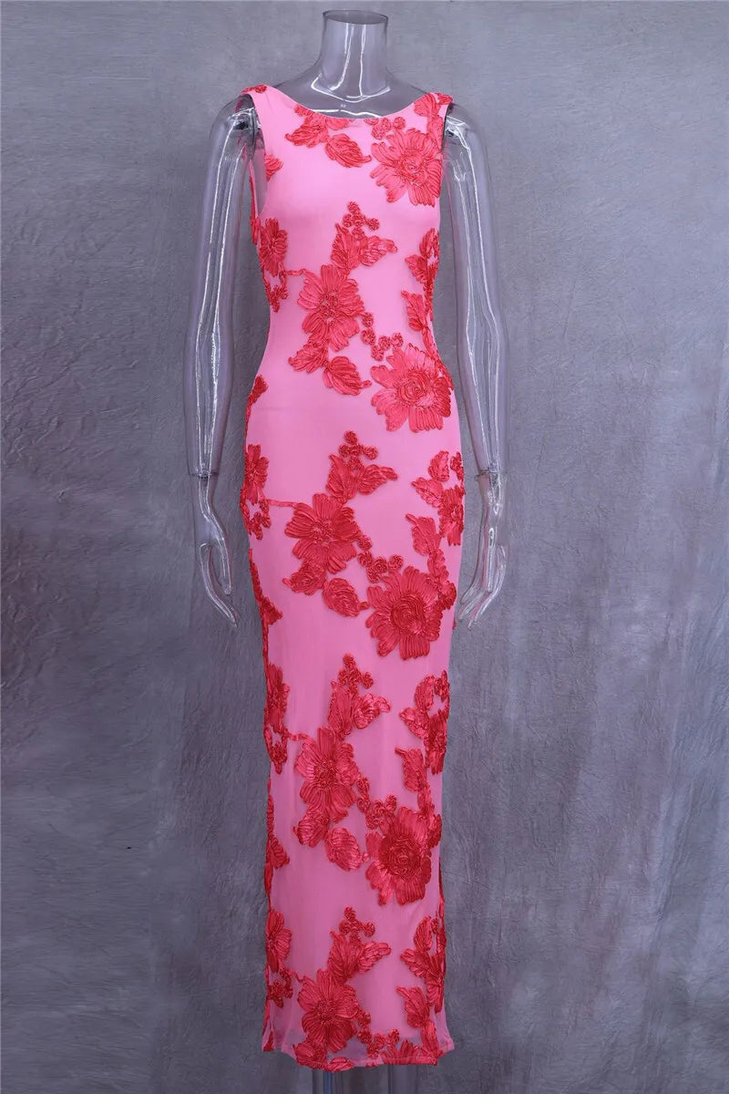 Elegant Floral Print Sexy Maxi Dress For Women Embroidered Applique Tank Dress Femme Bodycon Club Party Long Dress