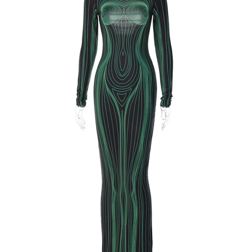 Load image into Gallery viewer, Striped Print Long Sleeve See Through Sexy Bodycon Maxi Dress 2023 Winter Women Y2K Evening Party Festival Clothes
