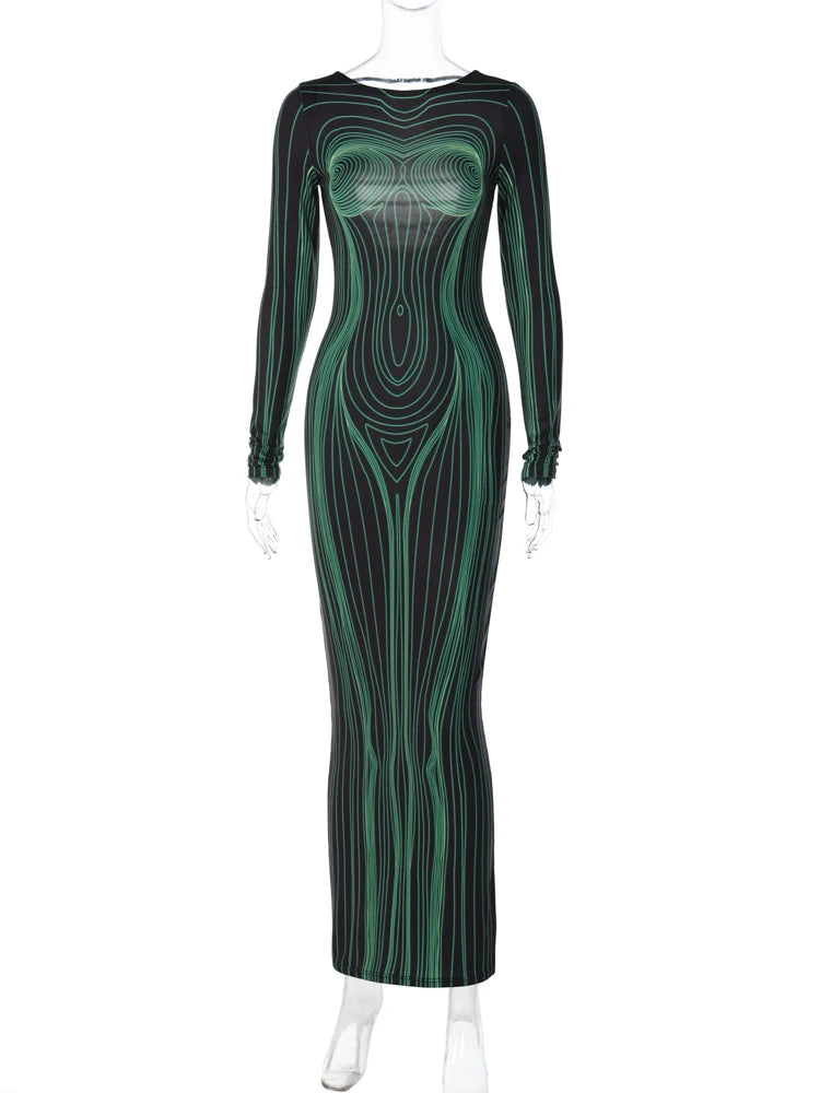 Striped Print Long Sleeve See Through Sexy Bodycon Maxi Dress 2023 Winter Women Y2K Evening Party Festival Clothes