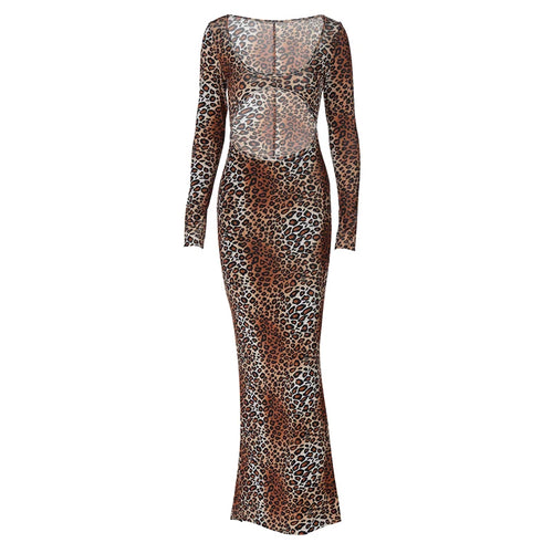 Load image into Gallery viewer, Leopard Print Long Sleeve Sexy Maxi Dress For Women Fashion Hollow Out Bodycon Printed Sexy Long Dress Elegant
