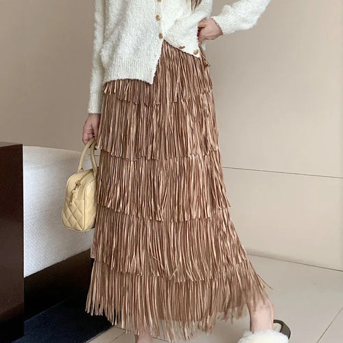 Load image into Gallery viewer, Autumn Vintage Elegant Party Wrapped Hip Cake Skirt For Women Elastic High Waist Tassel Long Skirts Female High Street Y2k Trend
