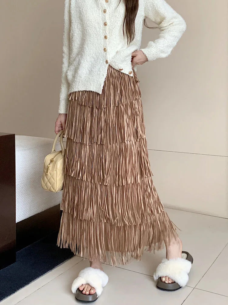 Autumn Vintage Elegant Party Wrapped Hip Cake Skirt For Women Elastic High Waist Tassel Long Skirts Female High Street Y2k Trend