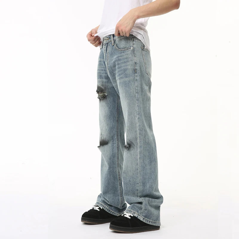 Summer Men's Jeans Hole Graffiti Contrast Color Menwear Straight Wide Leg Casual Male Denim Pants High Street 9C6510