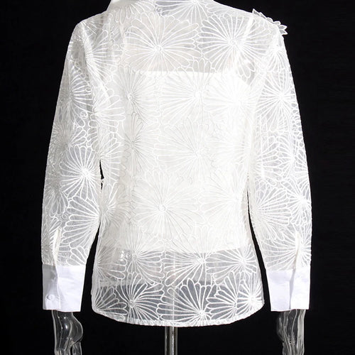 Load image into Gallery viewer, Lace Panel Elegant Shirt For Women Lapel Long Sleeve Embroidery Solid Korean Blouses Female Summer Clothes
