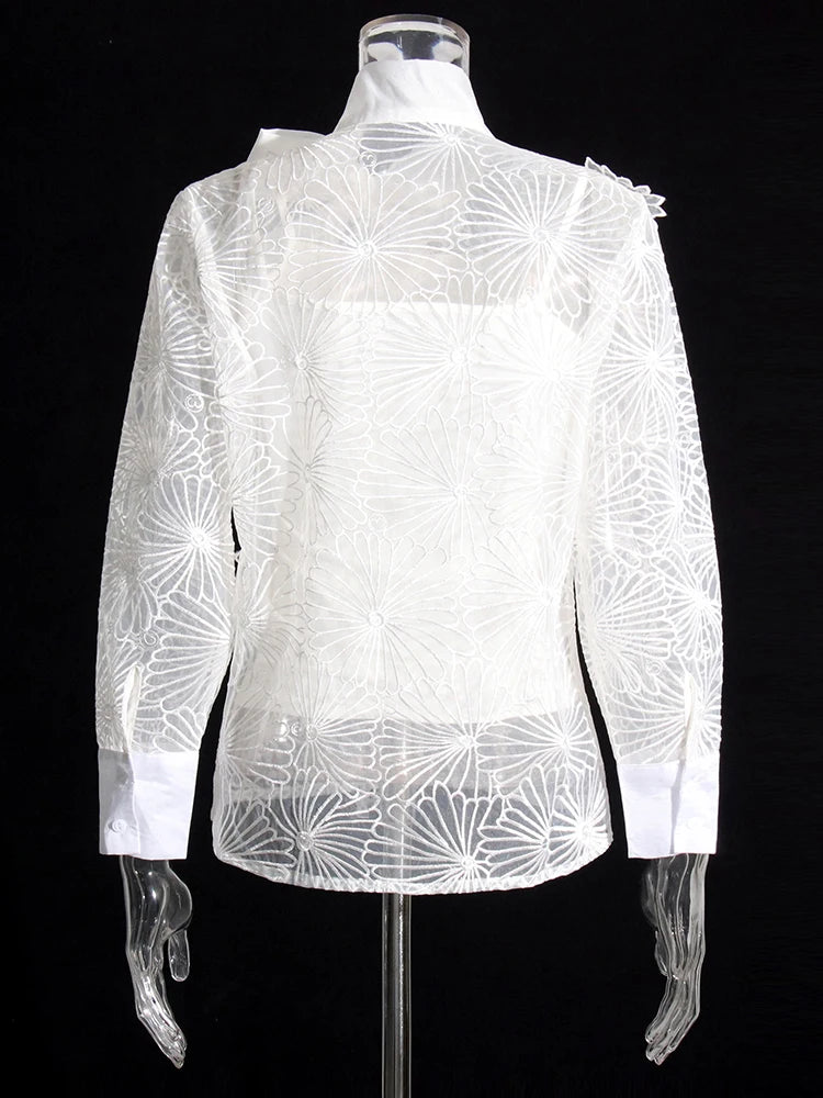 Lace Panel Elegant Shirt For Women Lapel Long Sleeve Embroidery Solid Korean Blouses Female Summer Clothes