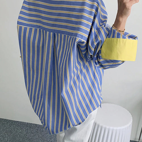 Load image into Gallery viewer, Straight Fashion Shirt For Women Lapel Long Sleeve Striped Colorblock Button Through Blouse Female Clothing Style
