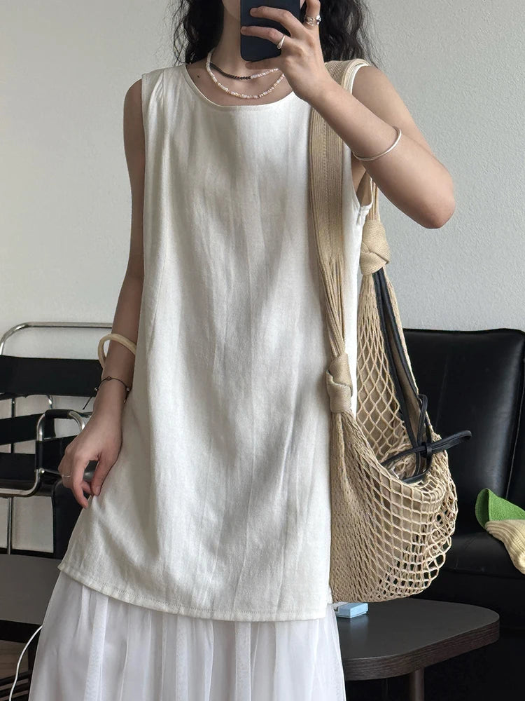 Women Beige Mesh Lace Spliced Elegant Long Vest Dress New Round Neck Sleeveless Fashion Tide Spring Summer 2025 1DJ1216