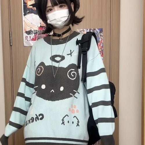 Load image into Gallery viewer, Japanese Contrast Color Striped Cartoon Cat Sweater Women Y2k Harajuku Casual Cute Kawaii Jumper Aesthetic Sweet Loose Pullovers
