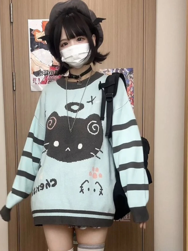 Japanese Contrast Color Striped Cartoon Cat Sweater Women Y2k Harajuku Casual Cute Kawaii Jumper Aesthetic Sweet Loose Pullovers