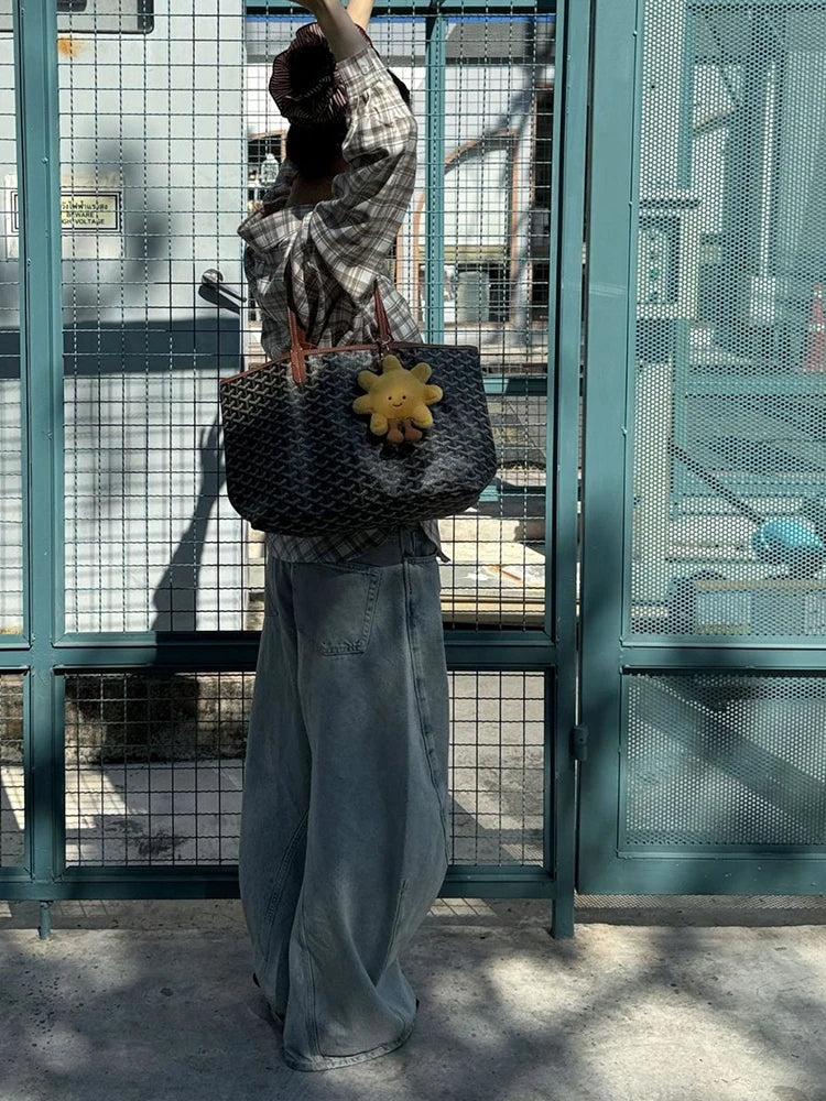 Women Blue Plaid Bandgae Casual Big Size Long Blouse New Lapel Long Sleeve Shirt Fashion Tide Spring Autumn 2025 1DH9771