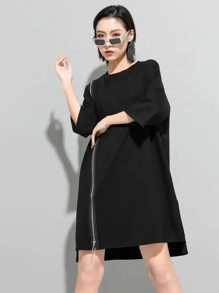 Women Black Zipper Big Size Dress New Round Neck Three-quarter Sleeve Loose Fit Fashion Tide Spring Autumn 2025 1DF5283