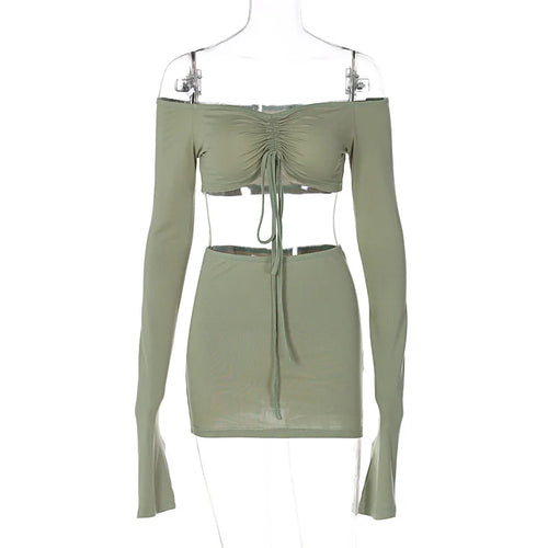Load image into Gallery viewer, Sexy Two Piece Set Women Outfit Green Strapless Full Sleeve Crop Top And Mini Skirt Matching Sets Female Dress Set
