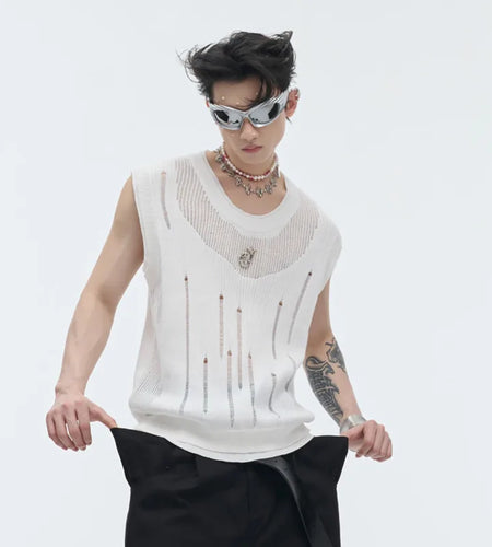 Summer Streetwear Men Knitted Vest Round Collar Tank Top Men's Sleeveless T-shirt Metal Design Summer 24Y164