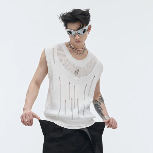 Load image into Gallery viewer, Summer Streetwear Men Knitted Vest Round Collar Tank Top Men&#39;s Sleeveless T-shirt Metal Design Summer 24Y164
