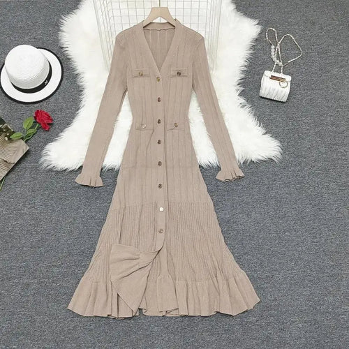 Load image into Gallery viewer, Korean 2024 New Spring Autumn Solid Temperament V-neck Knitted Dresses Women's Elegant Long Sleeve Office Buttons Ruffles Dress
