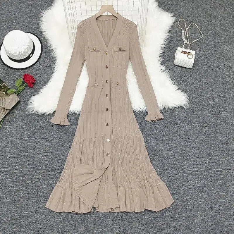 Korean 2024 New Spring Autumn Solid Temperament V-neck Knitted Dresses Women's Elegant Long Sleeve Office Buttons Ruffles Dress