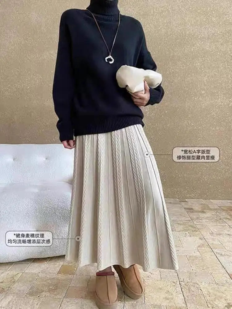Korean Style Woman Solid New Elegant High Waist Knitted Skirt Autumn Winter Vintage Casual Simple Versatile Festival Party Skirt