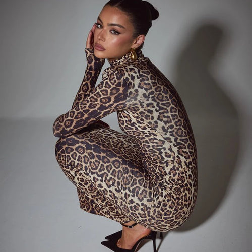 Load image into Gallery viewer, Leopard Print Long Sleeve Sexy Maxi Dress For Women Autumn Winter Fashion Elegant Turtleneck Printed Bodycon Long Dress
