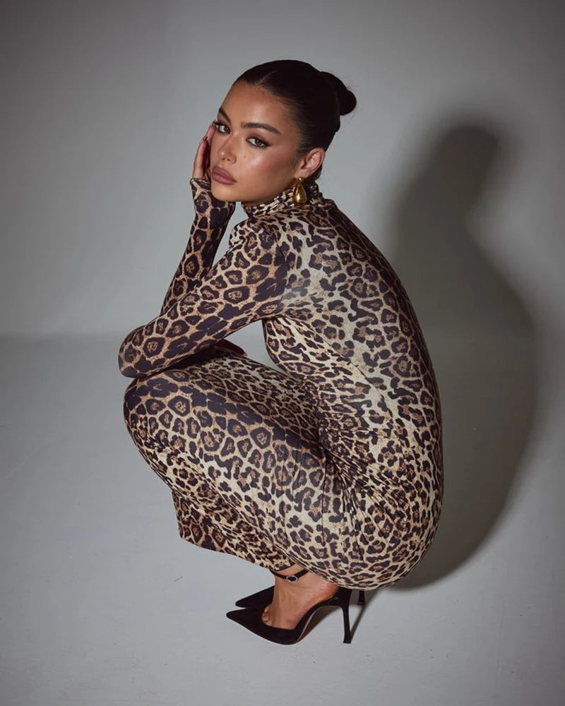 Leopard Print Long Sleeve Sexy Maxi Dress For Women Autumn Winter Fashion Elegant Turtleneck Printed Bodycon Long Dress
