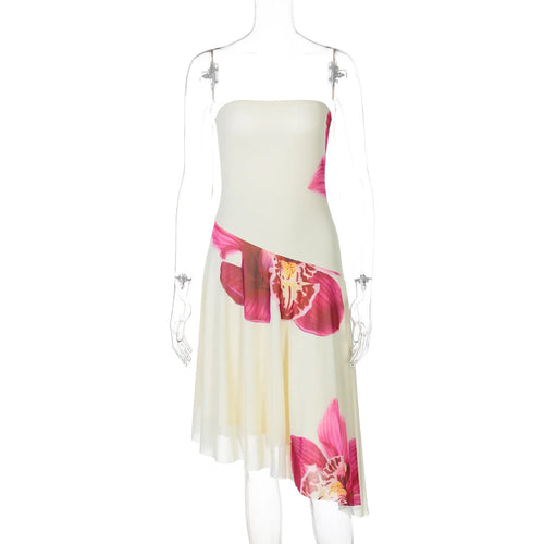 Load image into Gallery viewer, Floral Print Sexy Midi Dress Women Gown Summer New Strapless Off-shoulder Sleeveless Backless Irregular Ruffle Dress
