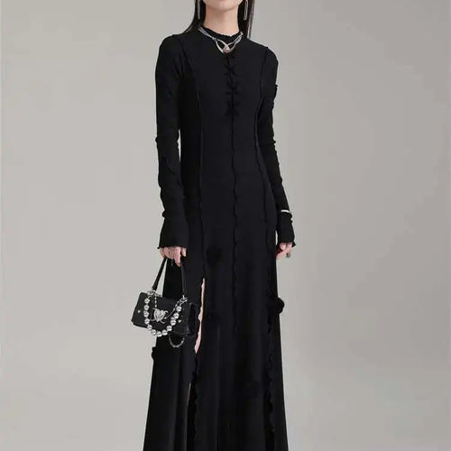 Load image into Gallery viewer, Women Black Flower Elegant Slit Long Dress New Turtleneck Long Sleeve Loose Fit Fashion Tide Spring Autumn 2025 1DH1870
