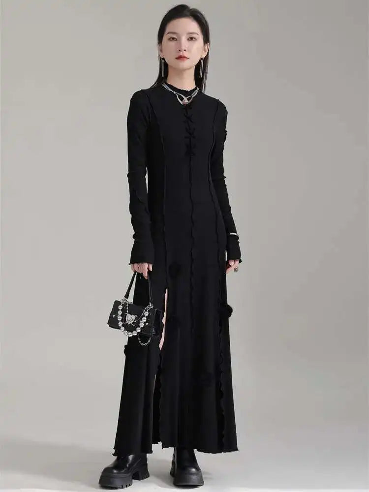 Women Black Flower Elegant Slit Long Dress New Turtleneck Long Sleeve Loose Fit Fashion Tide Spring Autumn 2025 1DH1870