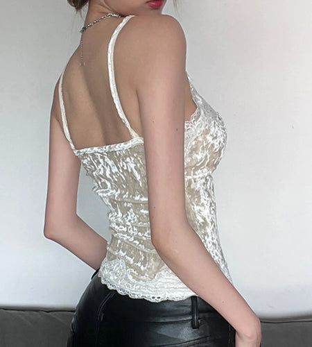 V Neck Strap Chic Lace Patchwork Velour Summer Top Camisole Vintage Clothes Y2K Party Women's Tops Bling Fashion 2023