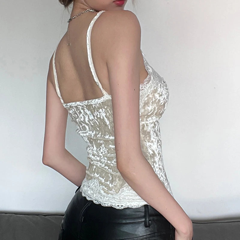 V Neck Strap Chic Lace Patchwork Velour Summer Top Camisole Vintage Clothes Y2K Party Women's Tops Bling Fashion 2023