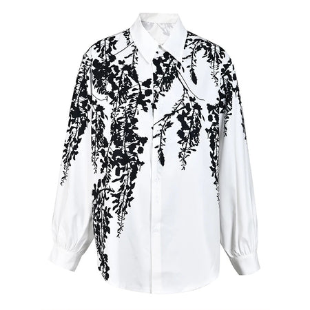 Colorblock Printing Shirt For Women Lapel Long Sleeve Patchwork Single Breasted Casual Blouse Female Fashion