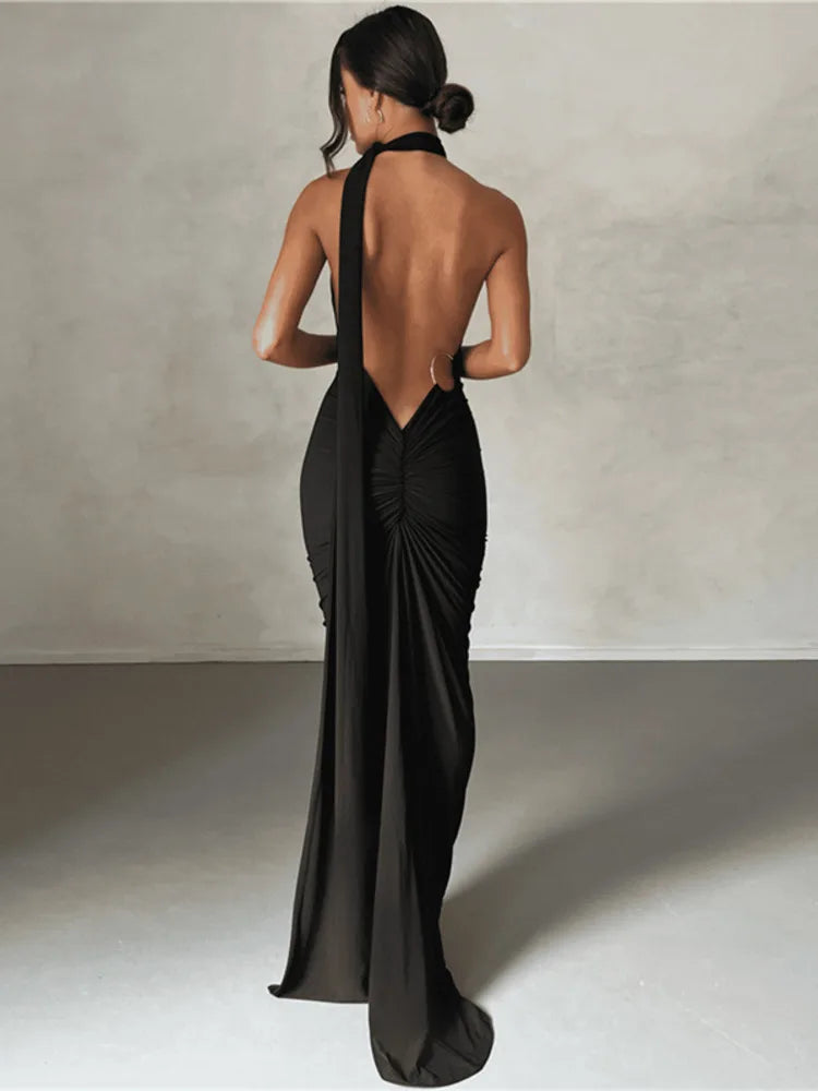 Sexy Backless Hanging Neck Bodycon Evening Dress For Women Strapless Max Female Dress Charming Club Party Prom Dress