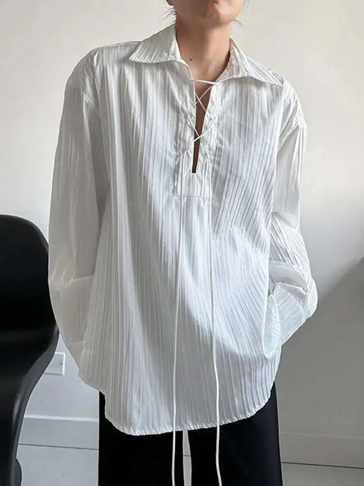 Women White Big Size Bandage Blouse New Round Neck Long Sleeve Loose Fit Shirt Fashion Tide Spring Autumn 2025 1DH1737