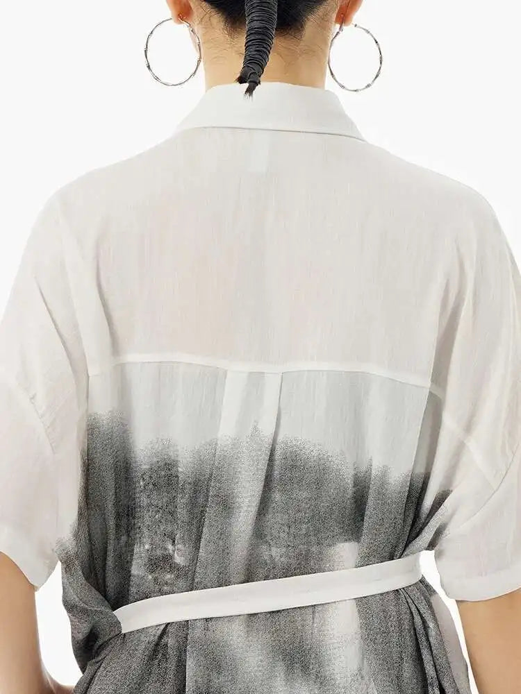 Women Green Pattern Printed Belted Big Size Shirt Dress New Lapel Short Sleeve Fashion Tide Spring Summer 2025  1DH5759